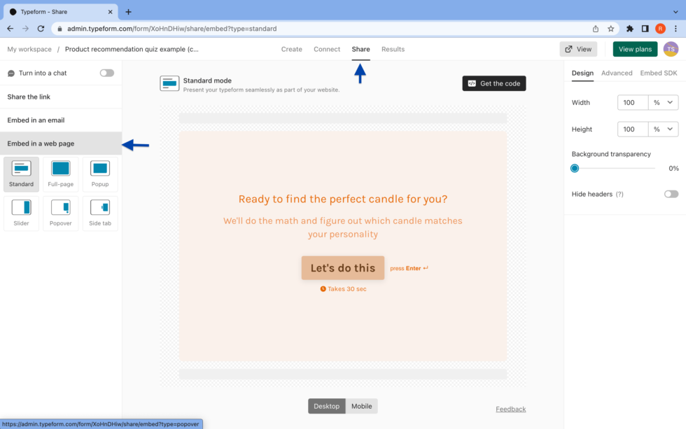 embedding a typeform quiz on your website