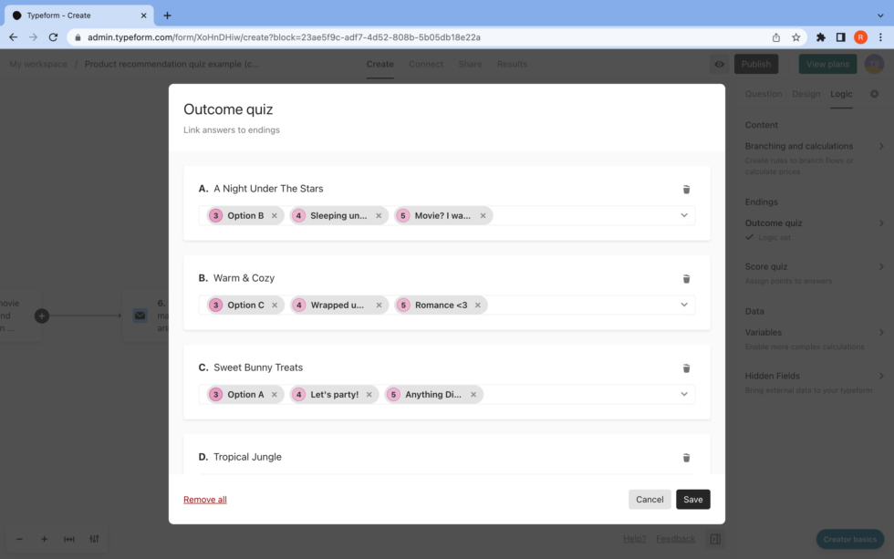 create logic for product recommendations in typeform