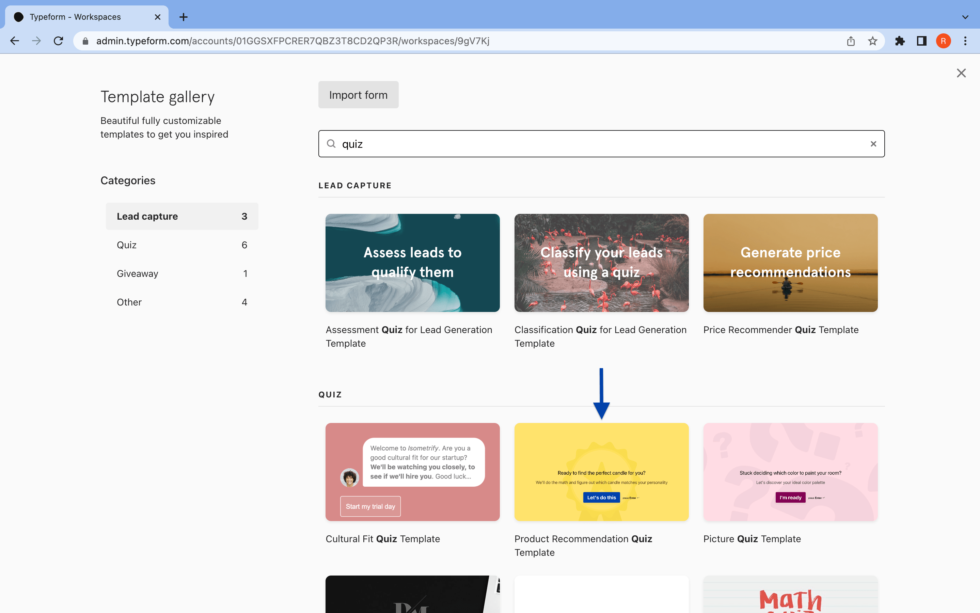 typeform product quiz template
