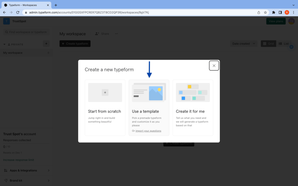 typeform signup screen